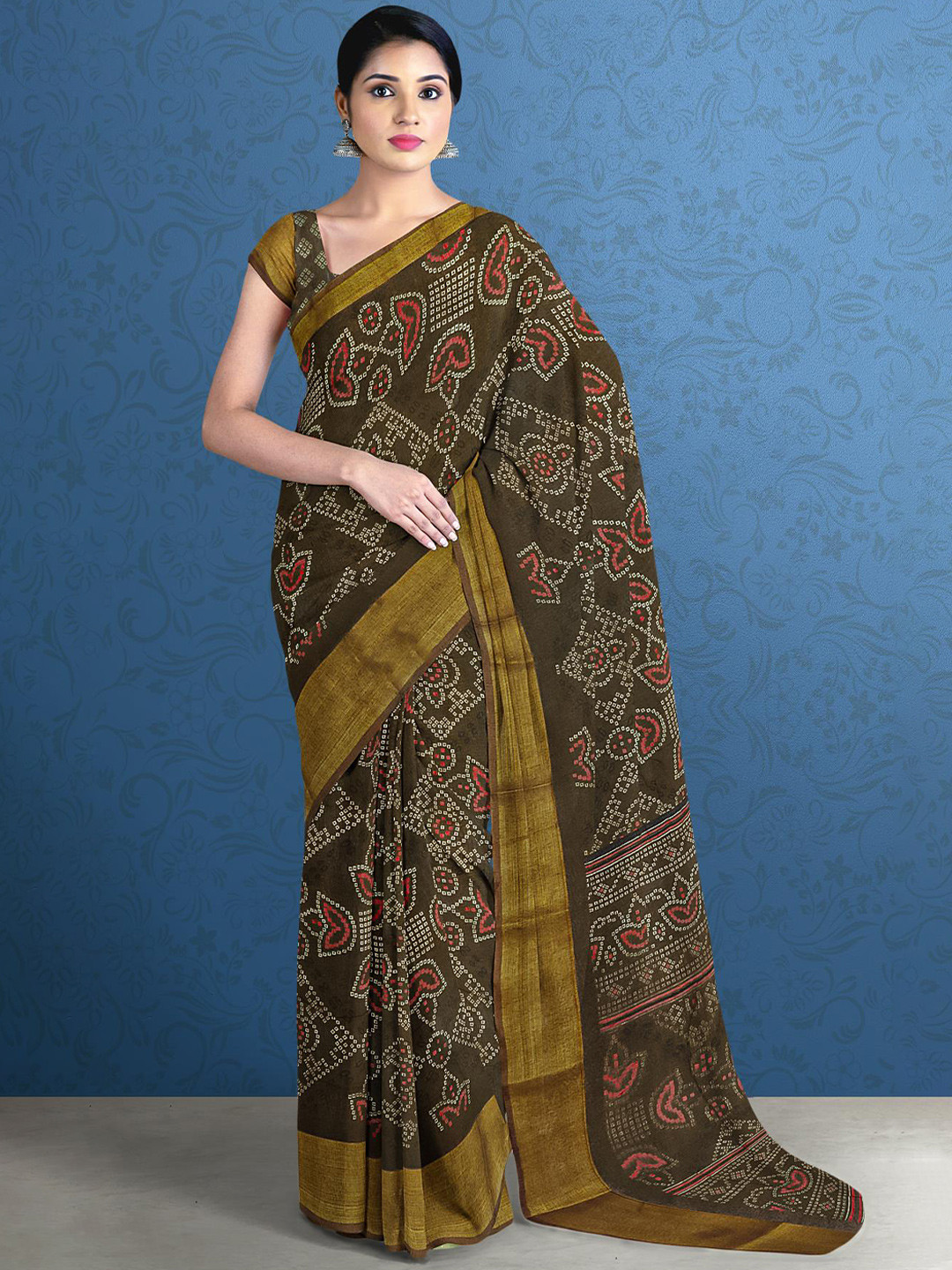 

Kalamandir Brown & Red Printed Bandhani Saree