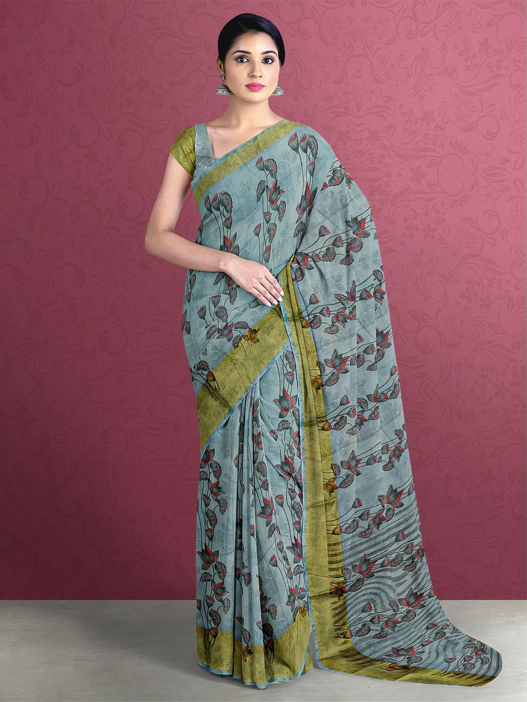 

Kalamandir Grey & Green Printed Floral Saree