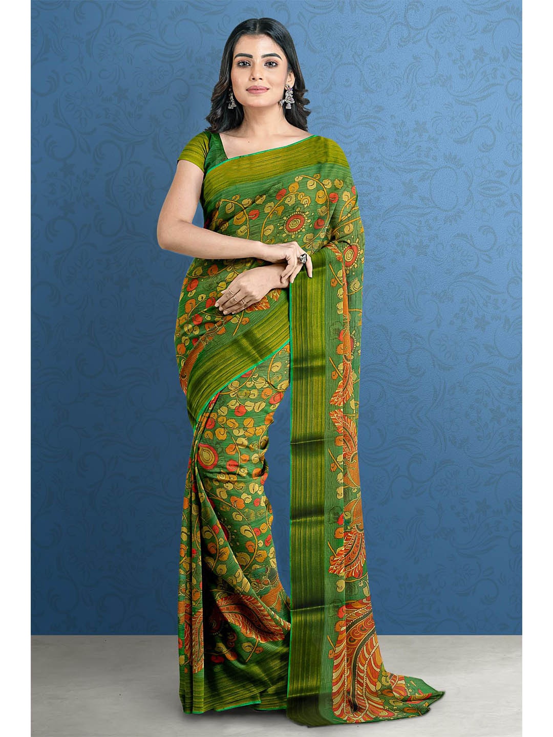 

Kalamandir Green & Orange Kalamkari Silk Blend Saree