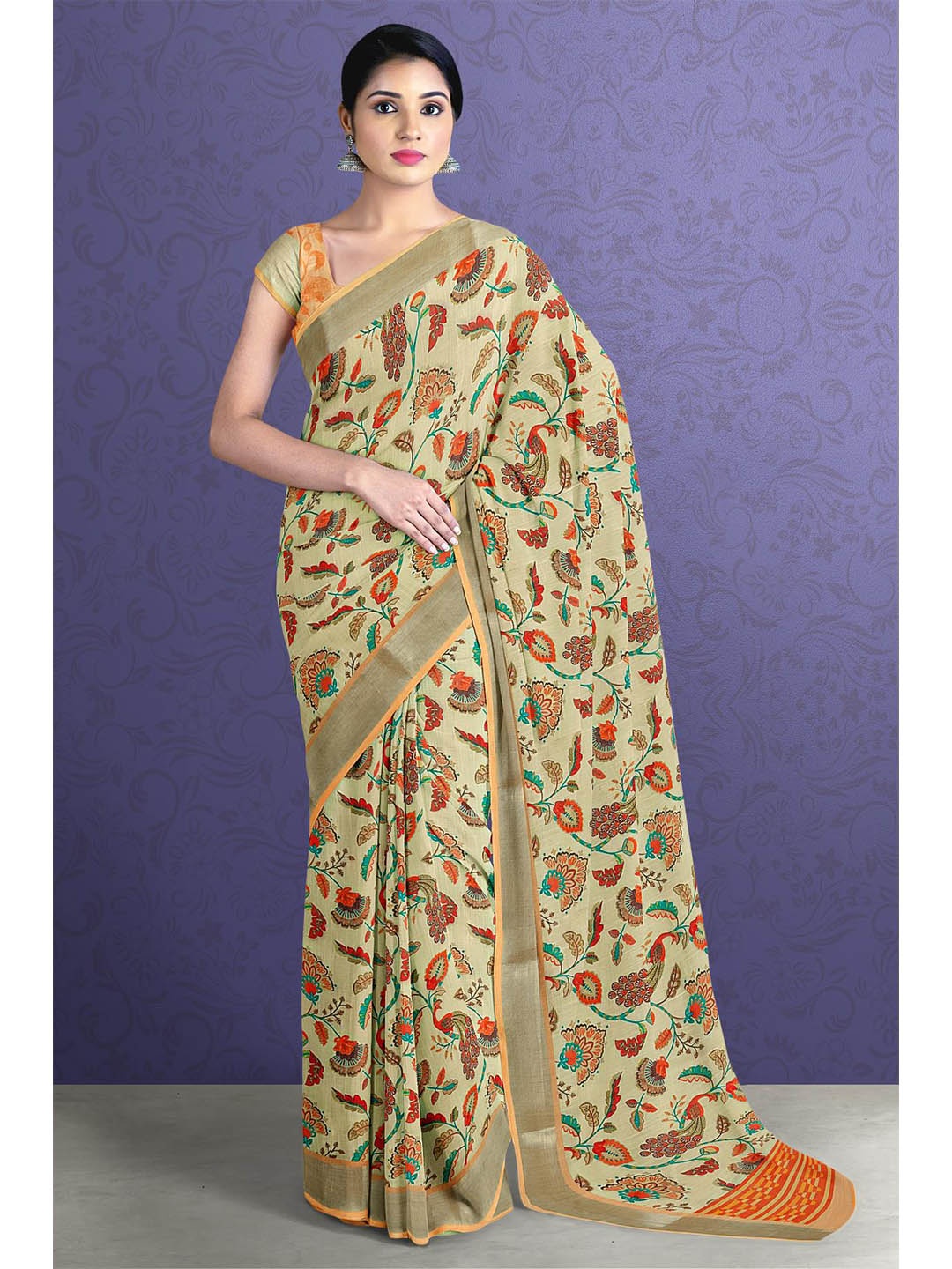 

Kalamandir Cream-Coloured & Orange Floral Linen Blend Saree