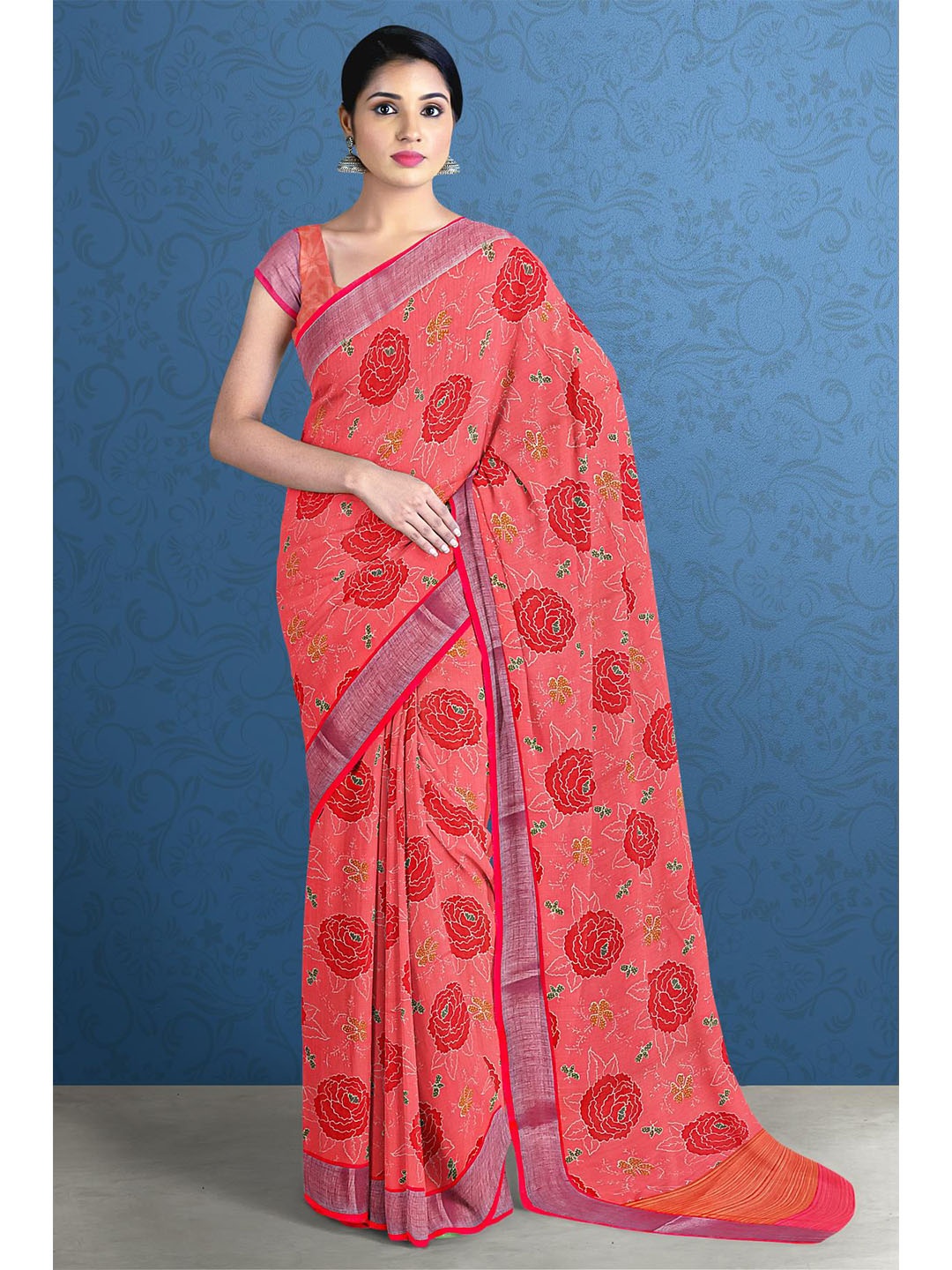 

Kalamandir Pink & Red Floral Linen Blend Saree