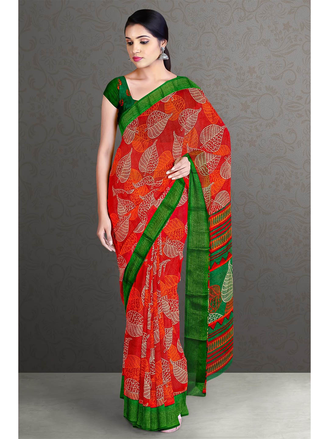 

Kalamandir Red & Green Floral Printed Saree