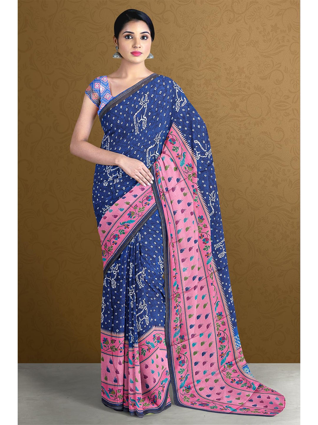 

Kalamandir Blue & Pink Bandhani Silk Blend Saree