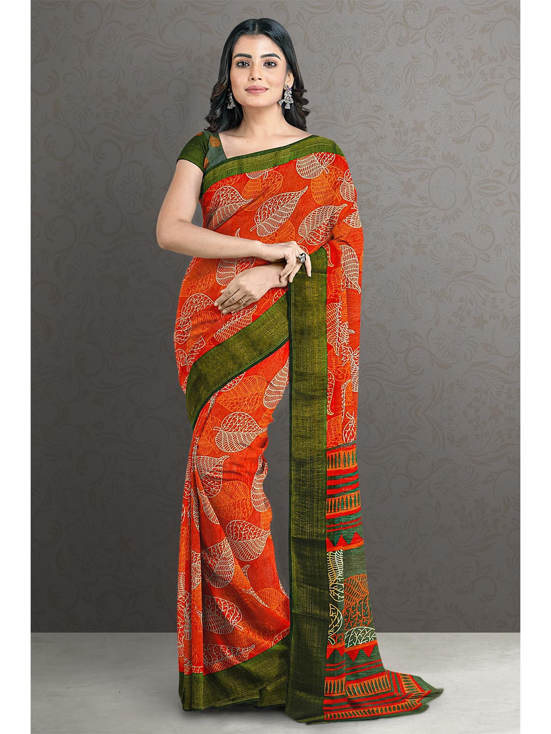 

Kalamandir Orange & Green Floral Zari Saree