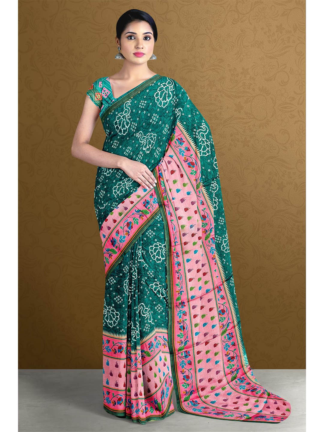 

Kalamandir Green & Pink Bandhani Silk Blend Saree