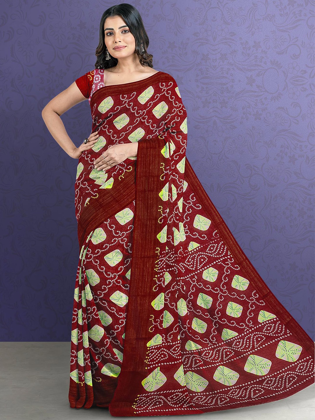 

Kalamandir Maroon & Green Bandhani Zari Saree