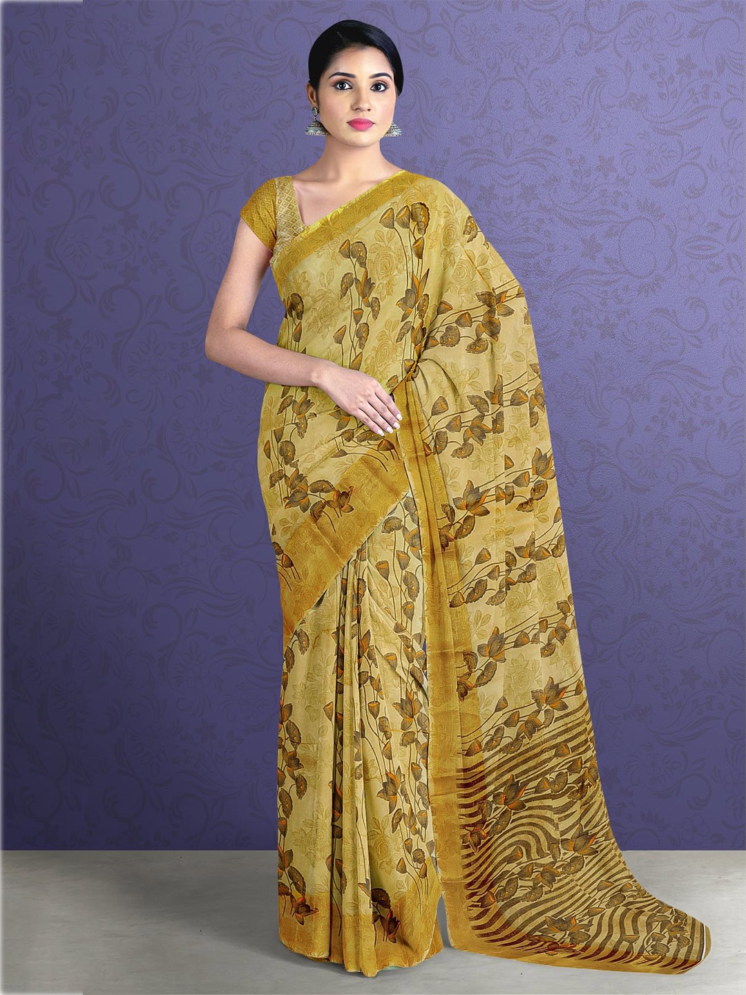 

Kalamandir Yellow & Brown Floral Zari Saree