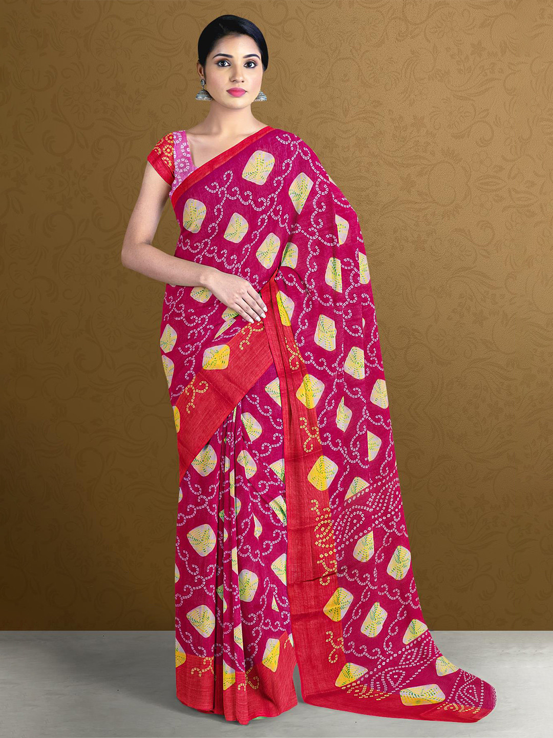 

Kalamandir Pink & Red Zari Printed Bandhani Saree