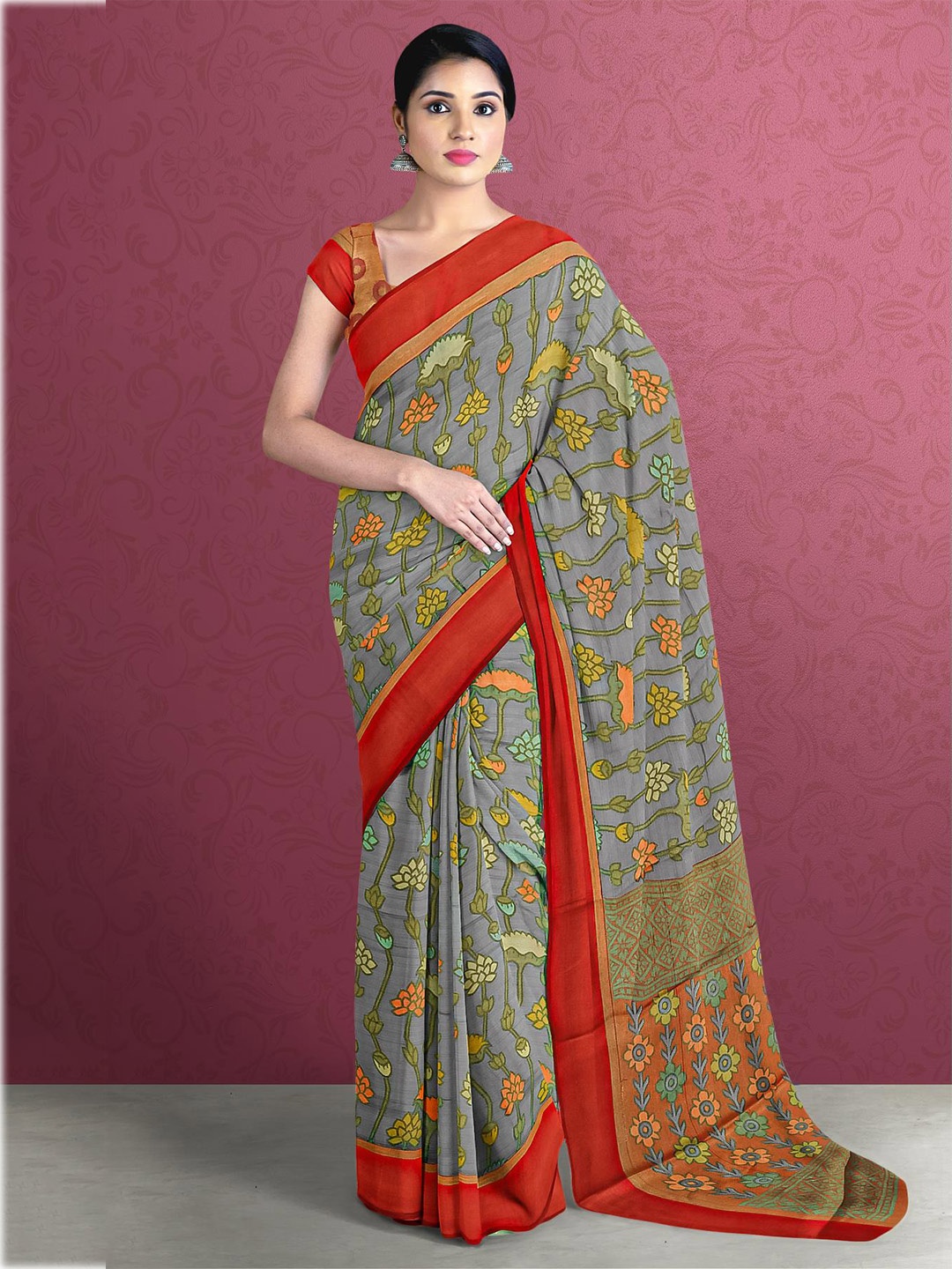 

Kalamandir Grey & Red Kalamkari Brasso Saree