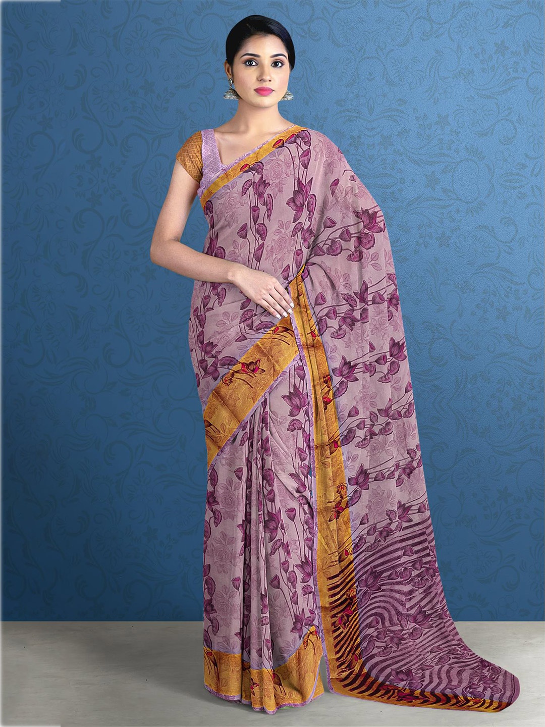 

Kalamandir Lavender & Brown Floral Saree