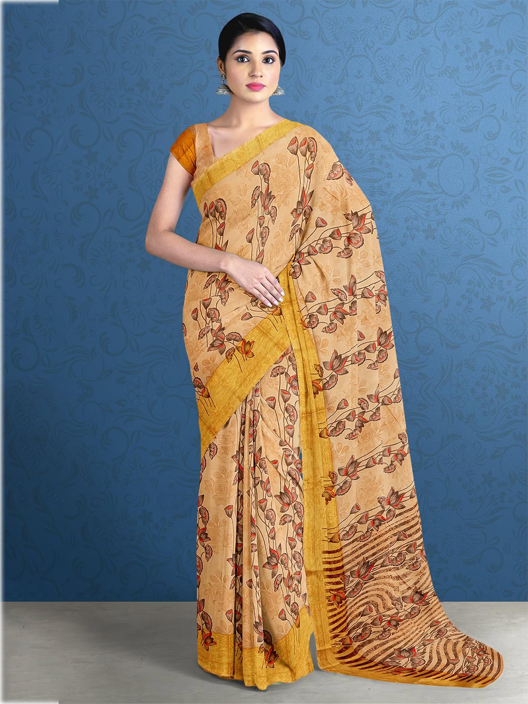 

Kalamandir Peach & Brown Floral Saree