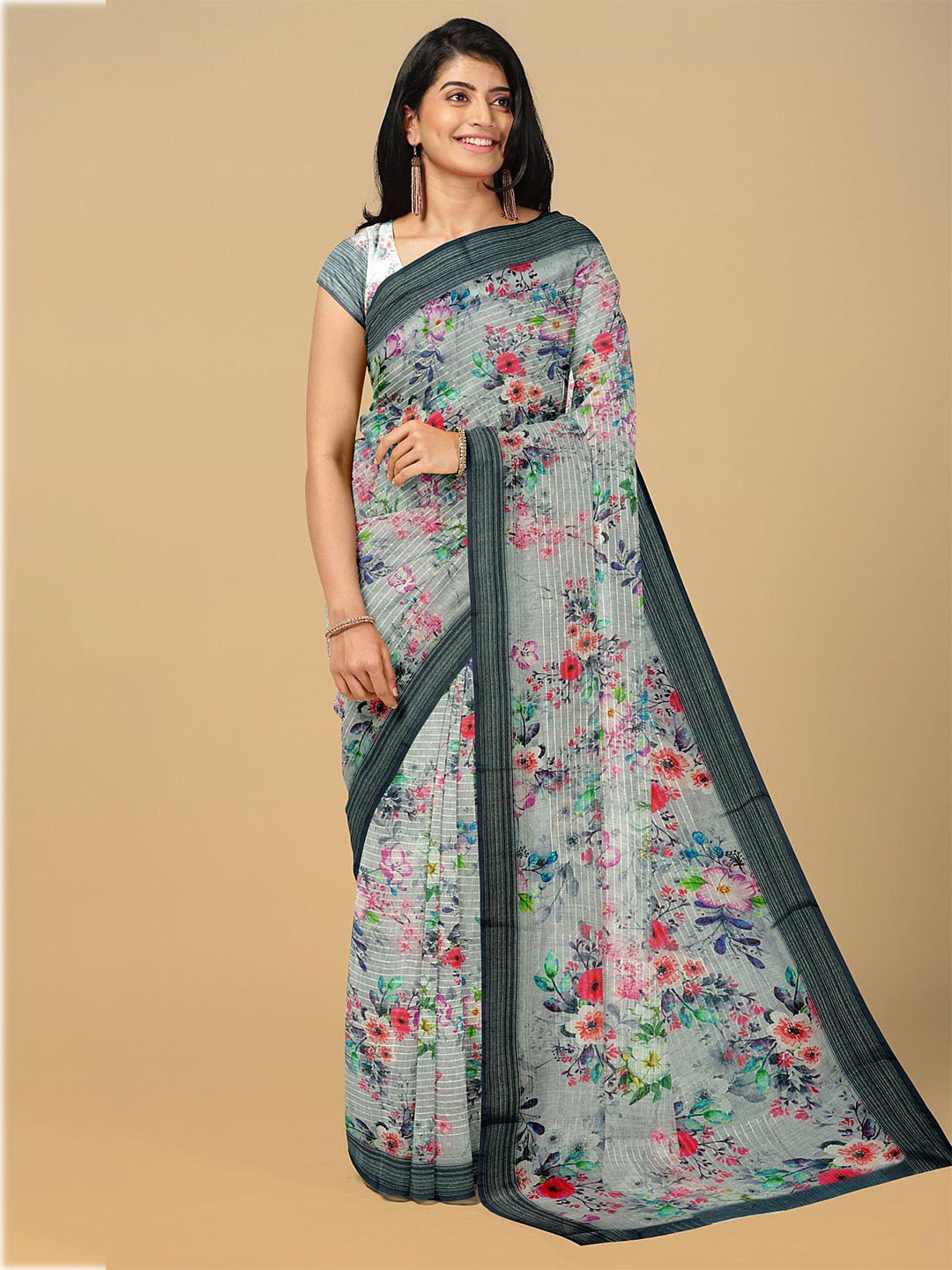

Kalamandir Grey & Pink Floral Zari Saree