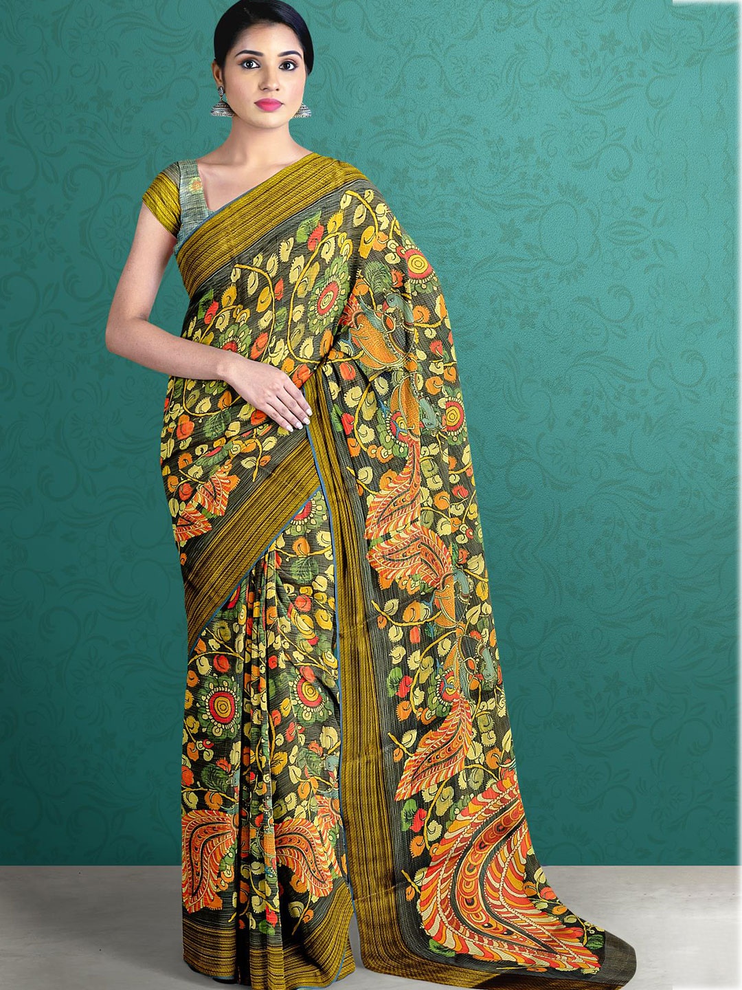 

Kalamandir Green & Yellow Kalamkari Zari Saree