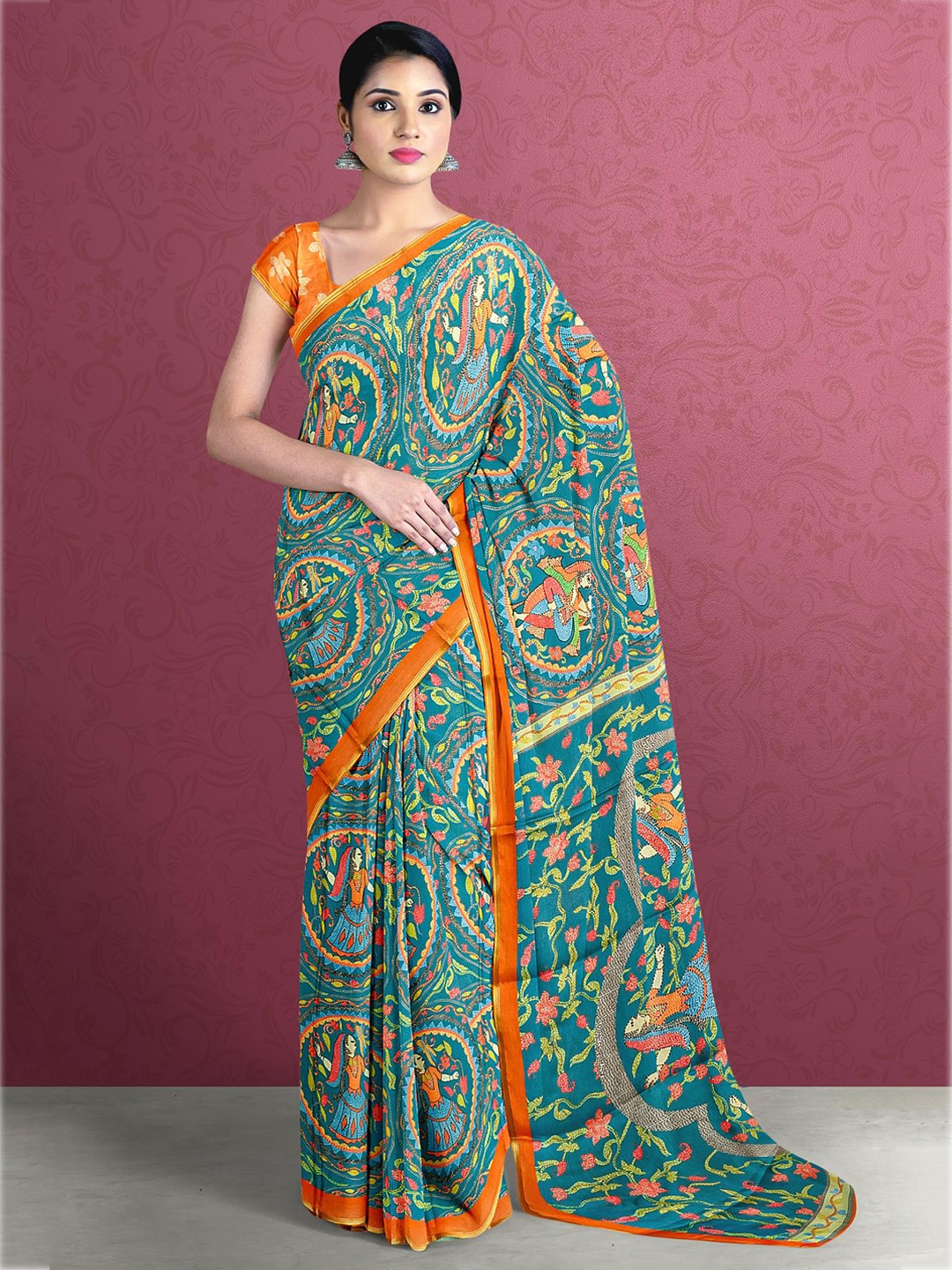 

Kalamandir Teal & Orange Ethnic Motifs Saree