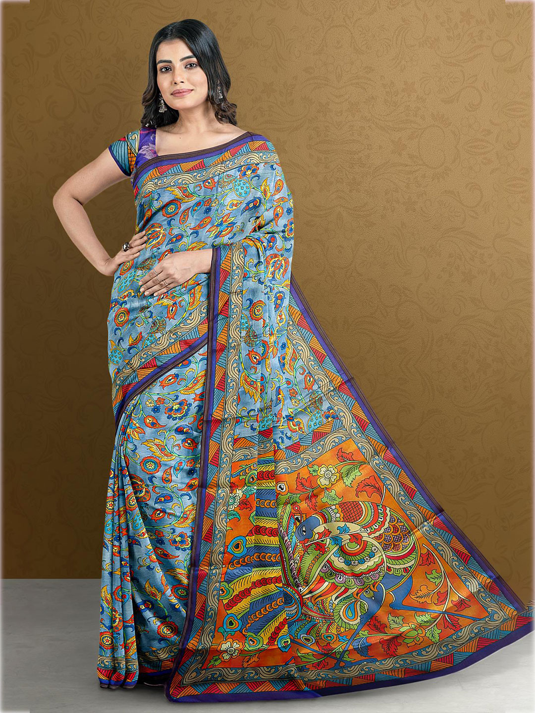 

Kalamandir Violet & Orange Kalamkari Saree