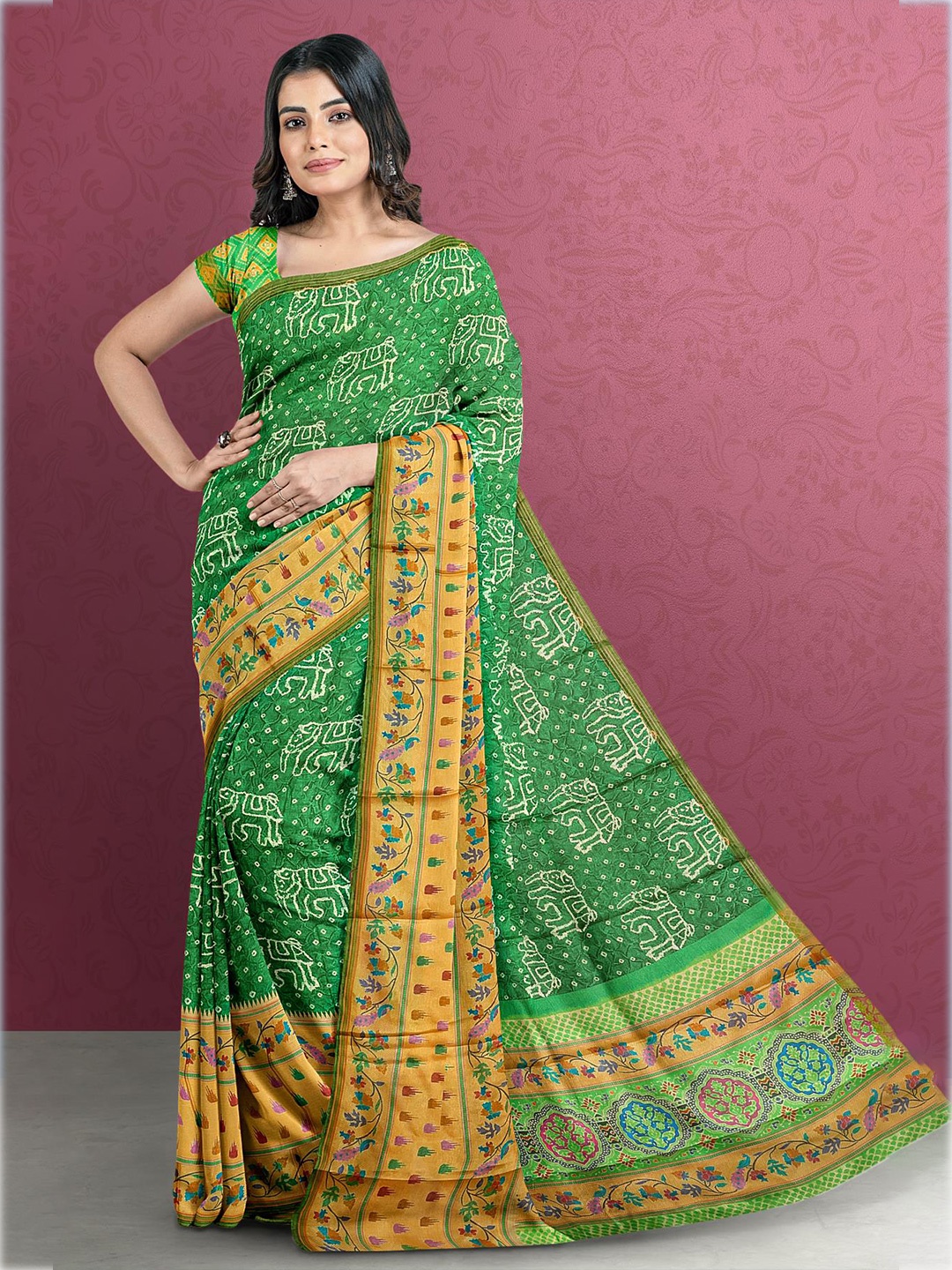 

Kalamandir Green & Yellow Bandhani Saree