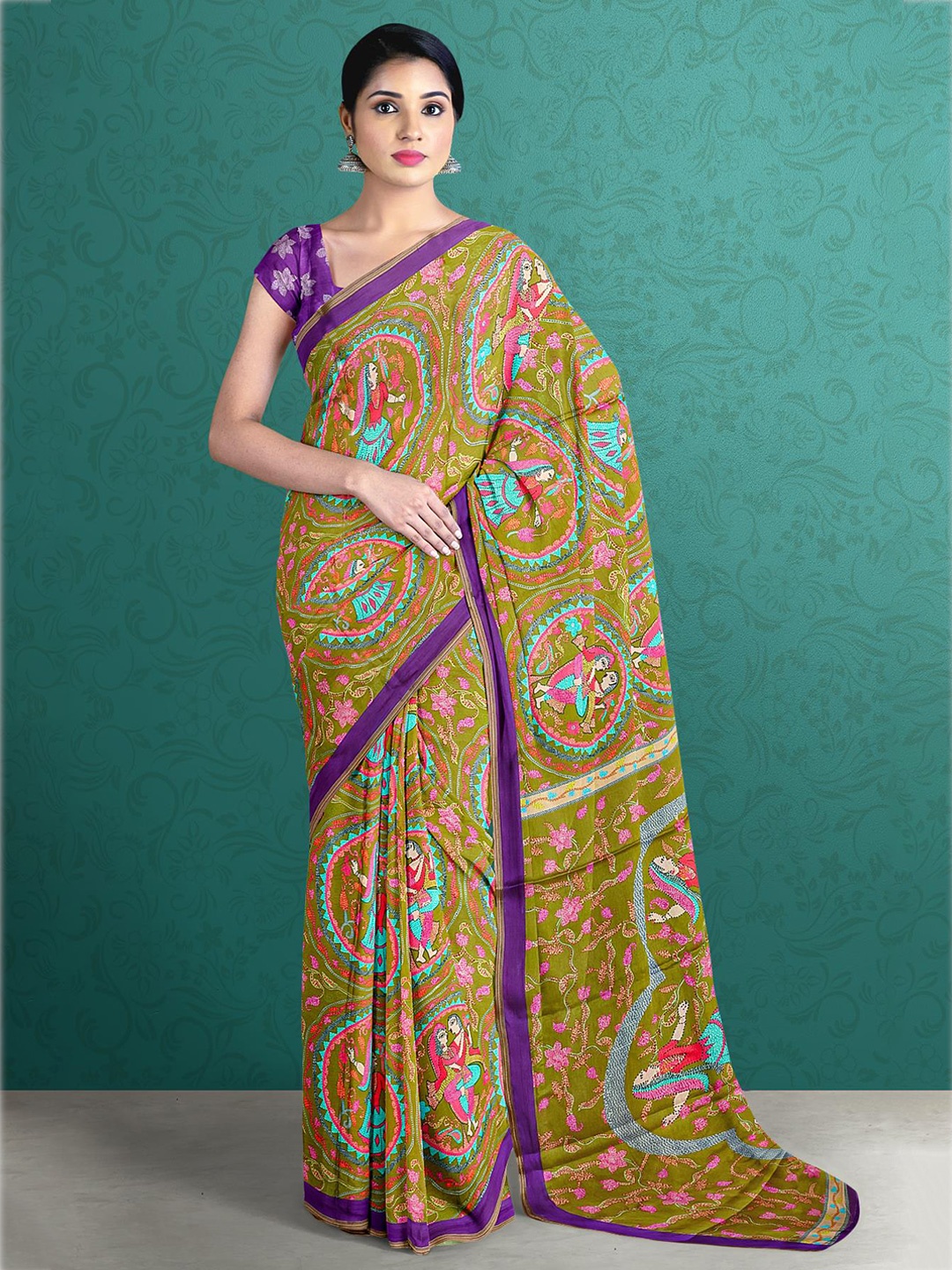 

Kalamandir Olive Green & Purple Ethnic Motifs Saree