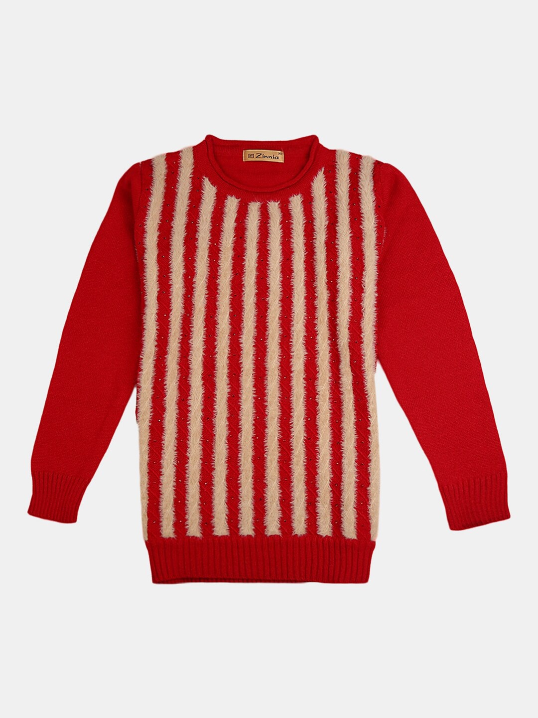 

V-Mart Girls Red & Beige Striped Cotton Sweater with Fuzzy Detail