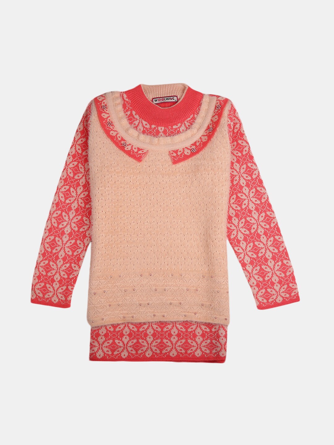 

V-Mart Girls Coral & Beige Self Design Cotton Pullover Sweater