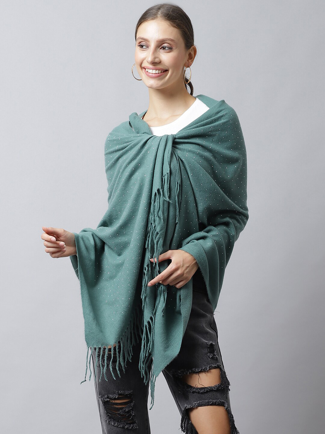 

LOOM LEGACY Women Green & White Printed Stole