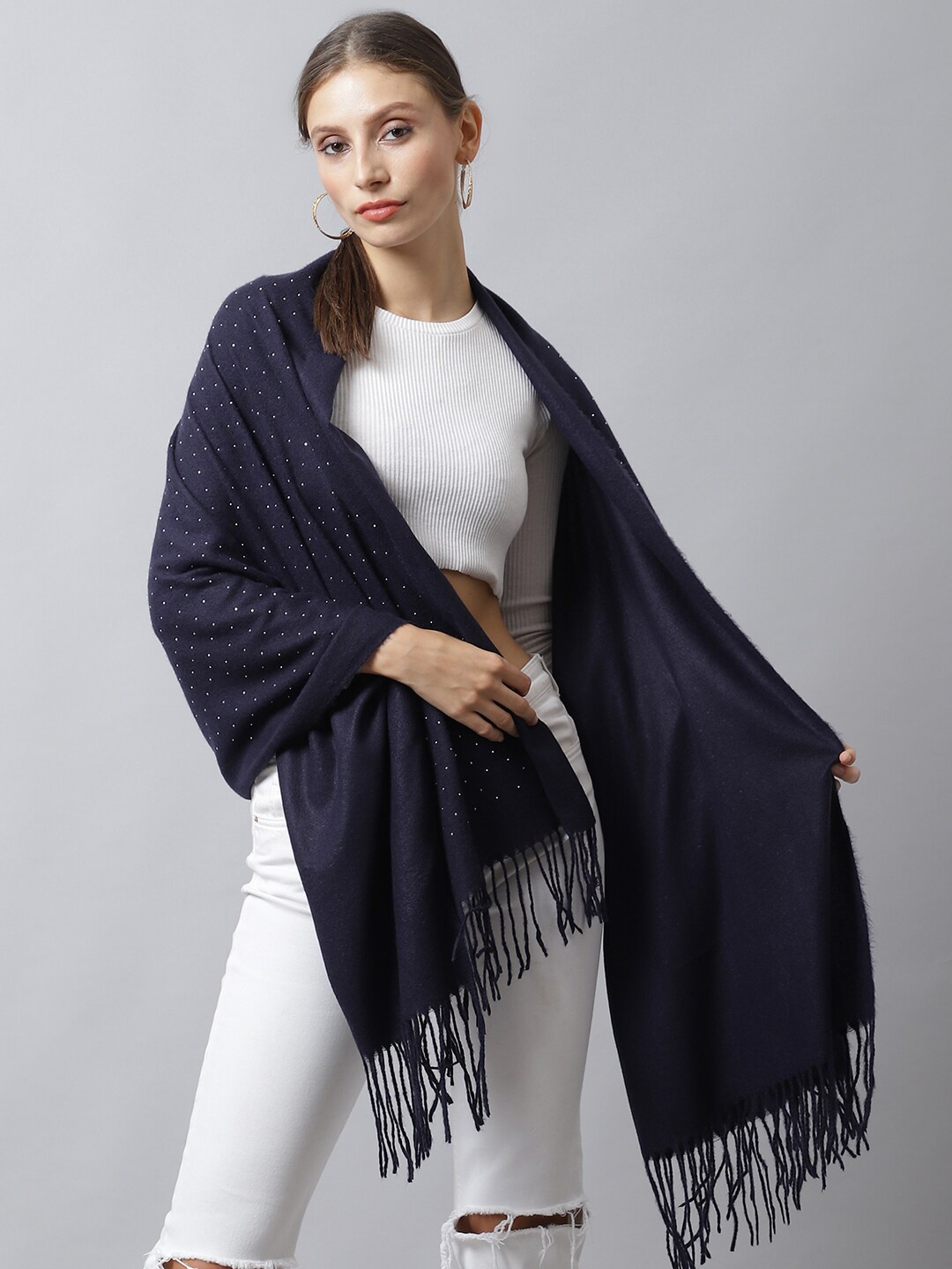 

LOOM LEGACY Women Navy Blue & White Printed Stole