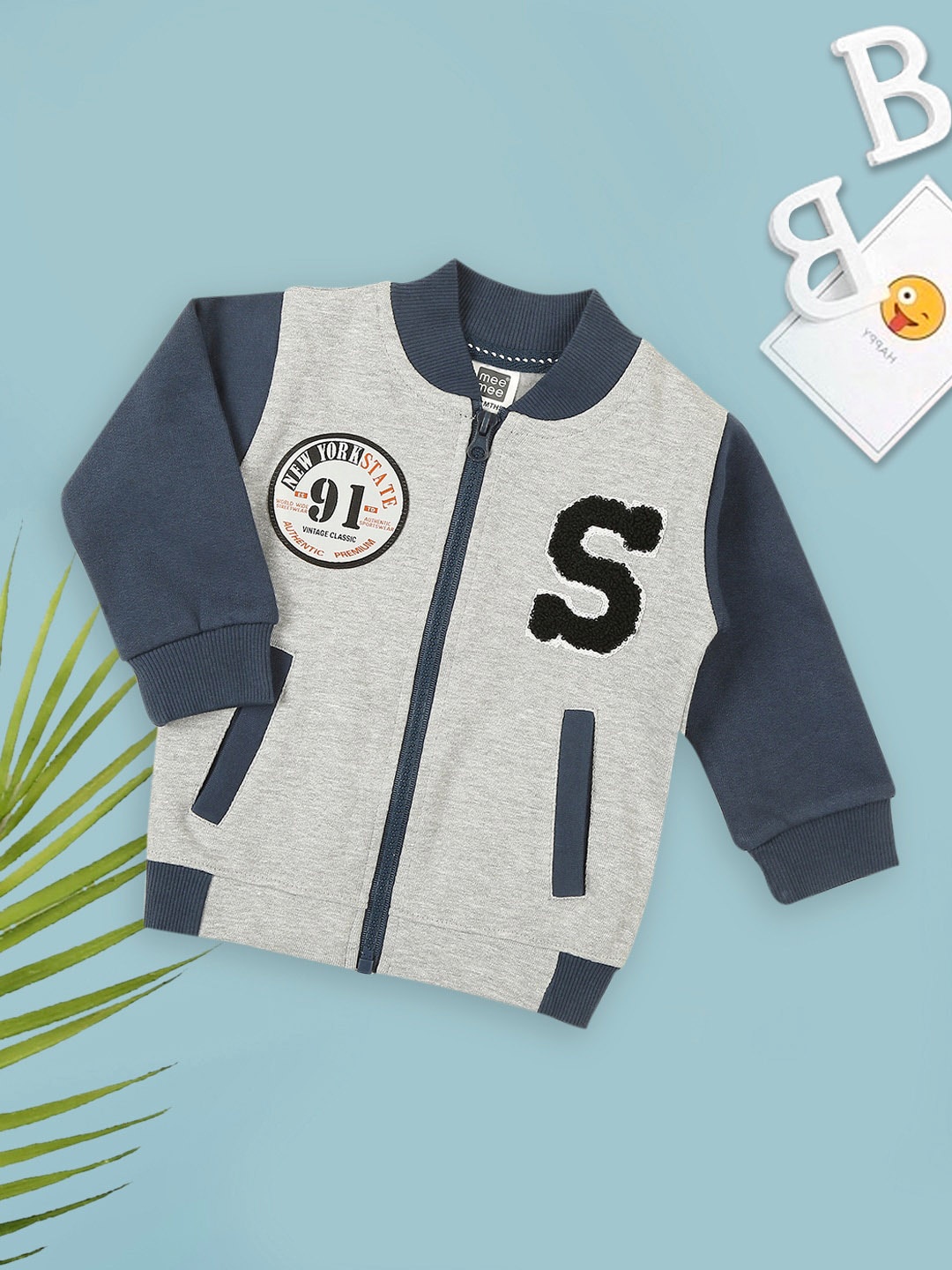 

MeeMee Boys Grey Melange Open Front Jacket with Patchwork