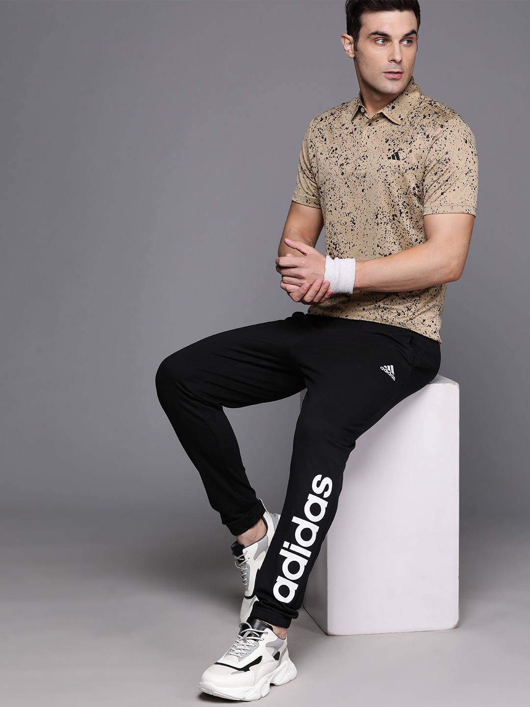 

ADIDAS Men Jacquard Printed Polo Collar Golf T-shirt, Beige