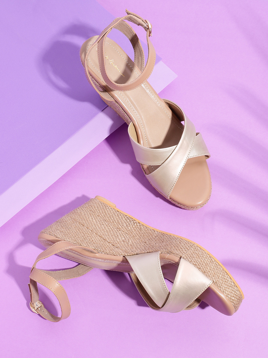 

Mast & Harbour Women Gold-Toned & Beige Colourblocked Wedges