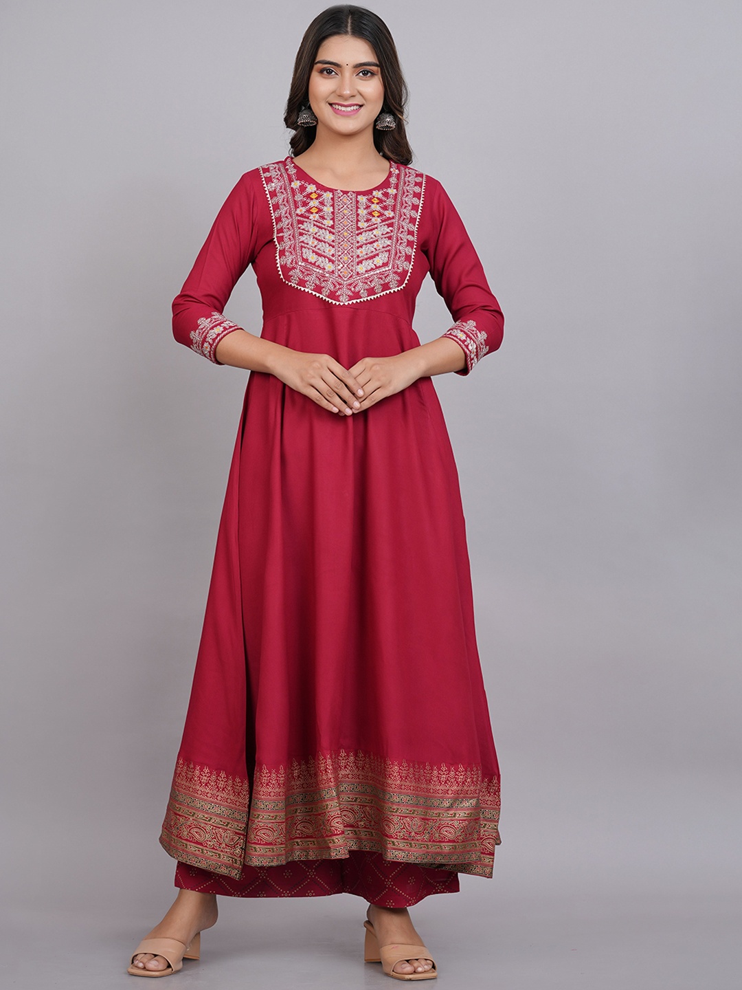 

Mollar Women Maroon Bandhani Embroidered Sequinned Kurta with Palazzos & With Dupatta