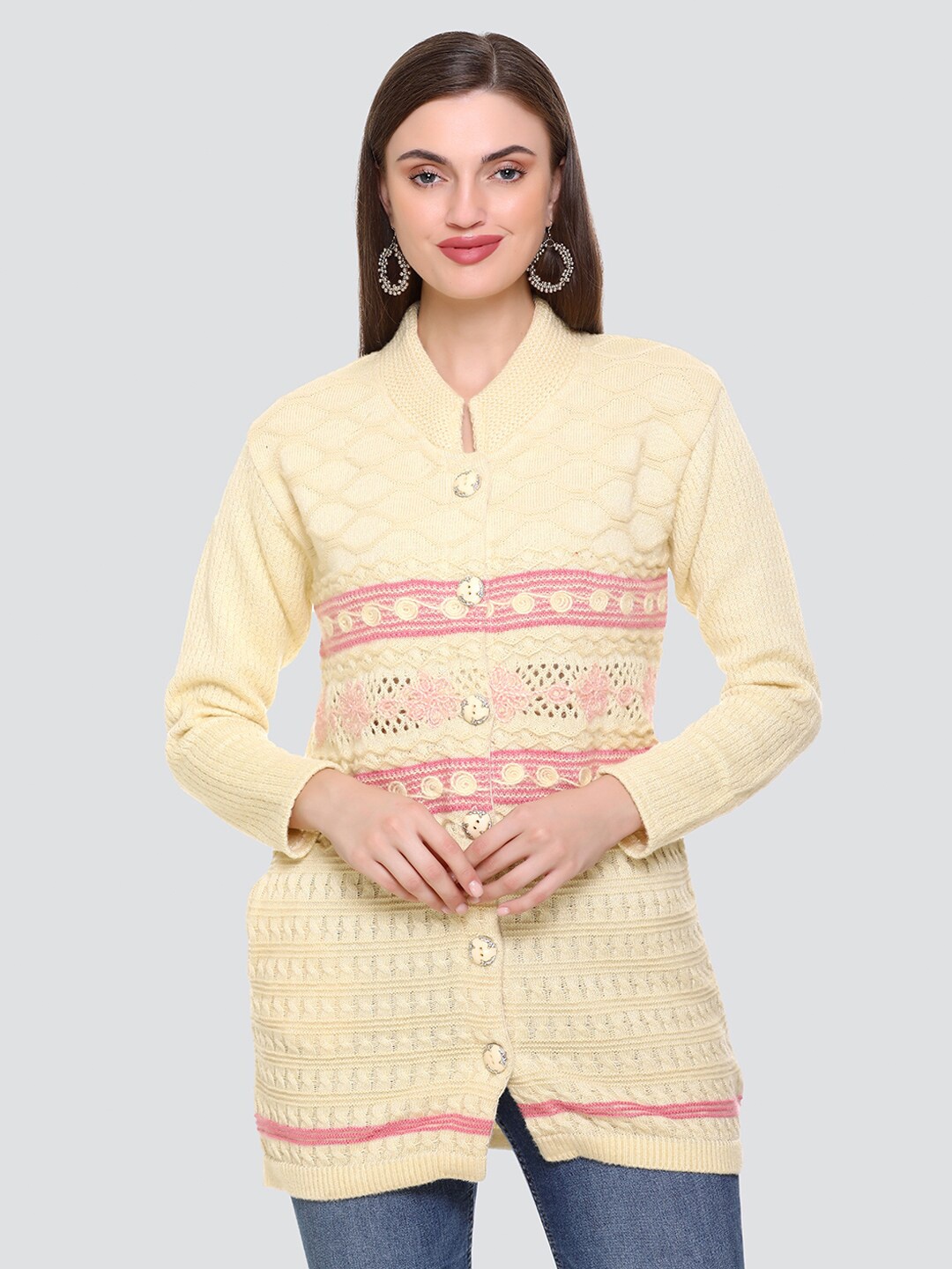

NITSLINE Women Cream-Coloured & Pink Self Design Acrylic Longline Cardigan Sweater