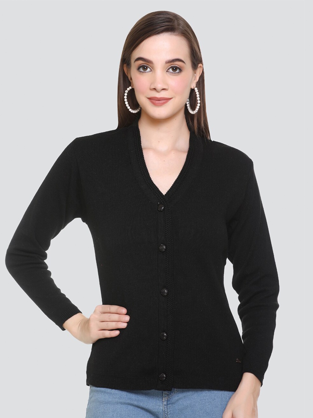 

NITSLINE Women Black Acrylic Cardigan Sweater