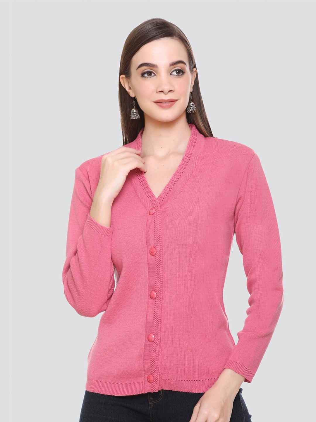 

NITSLINE Women Pink Acrylic Cardigan Sweater