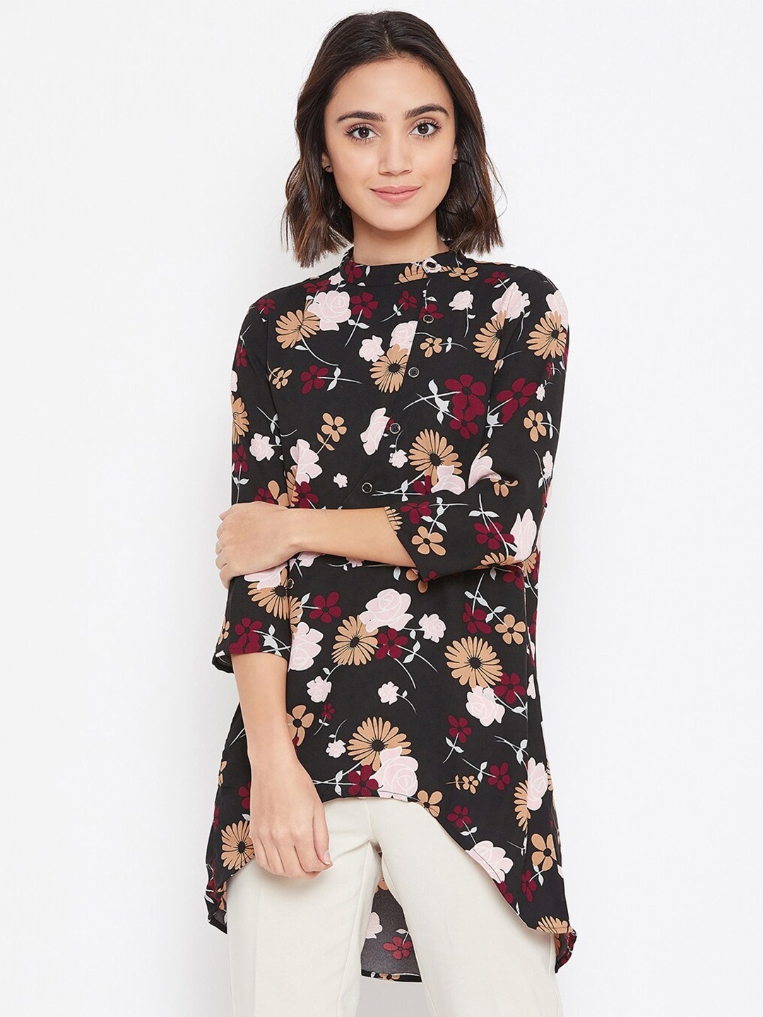 

Ruhaans Black & Beige Mandarin Collar Printed Tunic