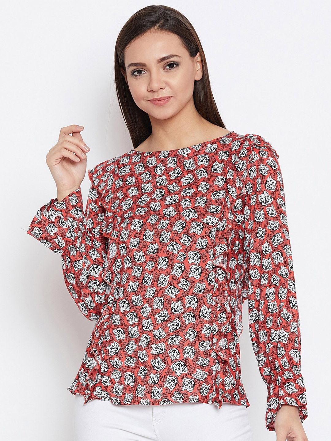 

Ruhaans Peach-Coloured Floral Print Top