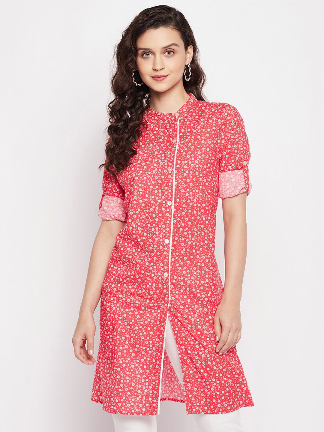 

Ruhaans Red & Off White Mandarin Collar Printed Tunic