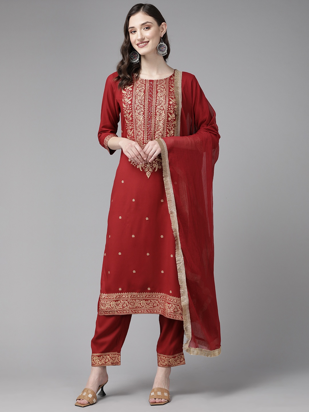 

Yufta Red Ethnic Motifs Printed Kurta with Trousers & With Dupatta