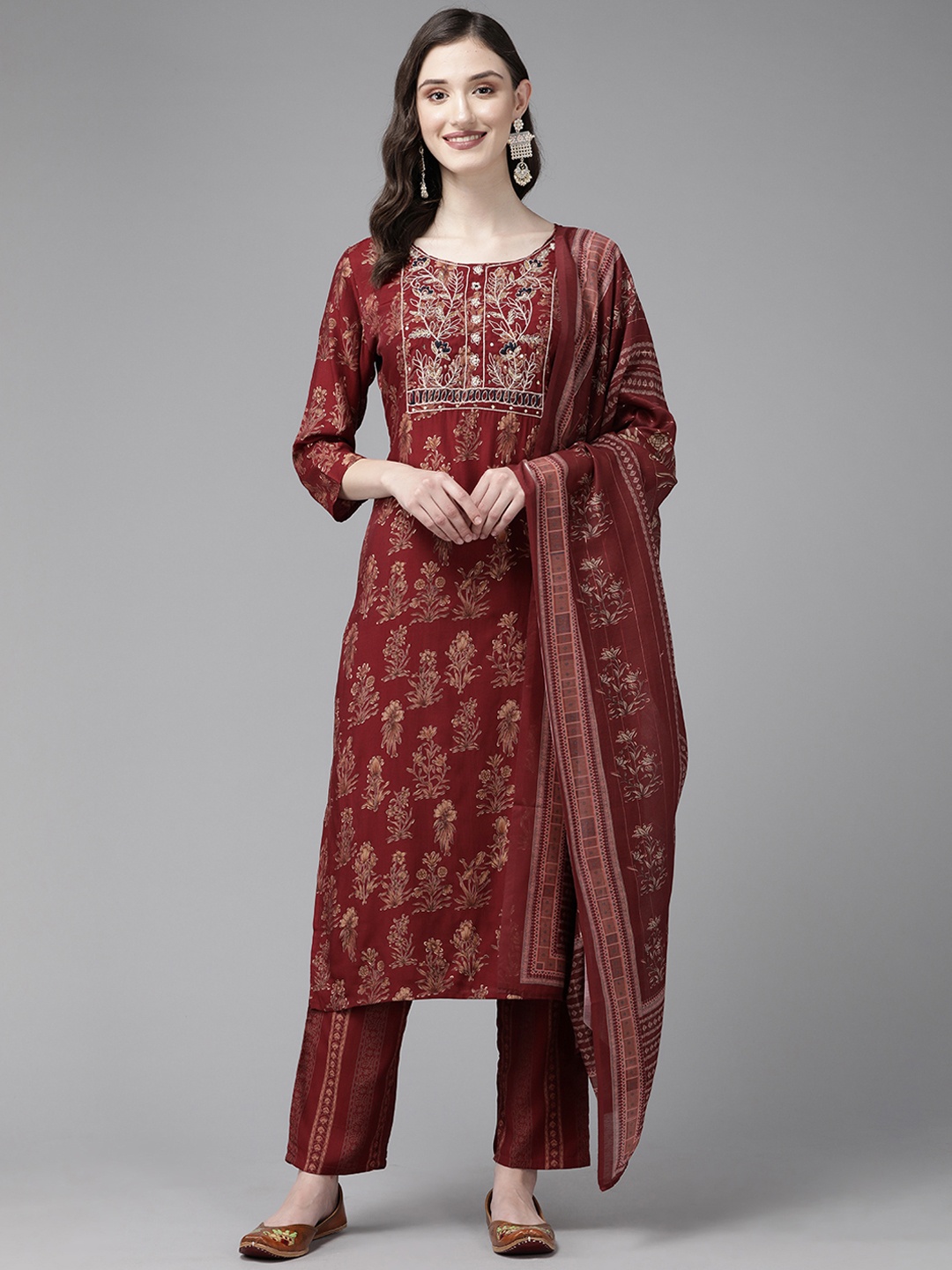 

Yufta Maroon Ethnic Motifs Printed Kurta with Trousers & With Dupatta