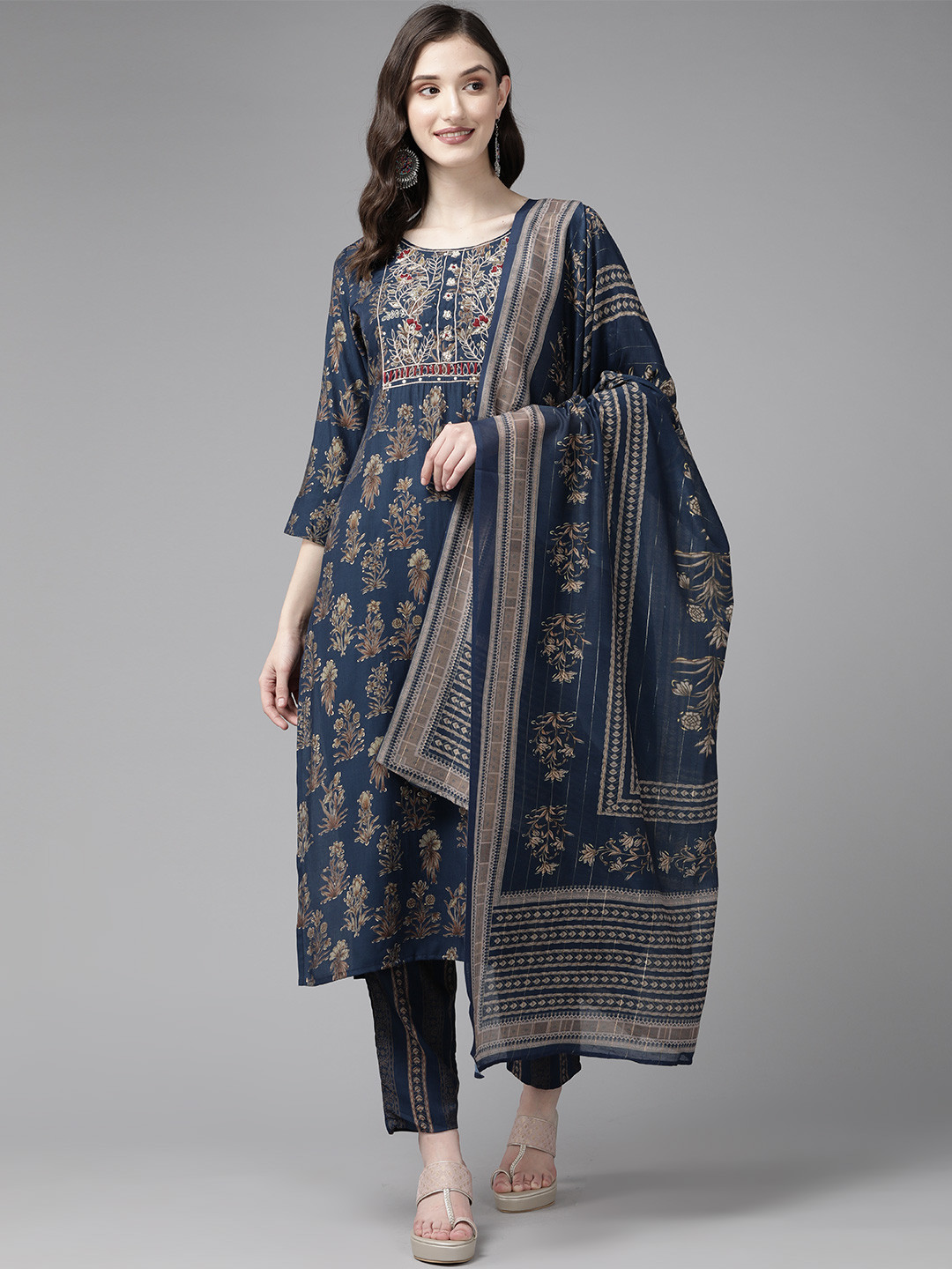 

Yufta Navy Blue Ethnic Motifs Printed Kurta with Trousers & With Dupatta