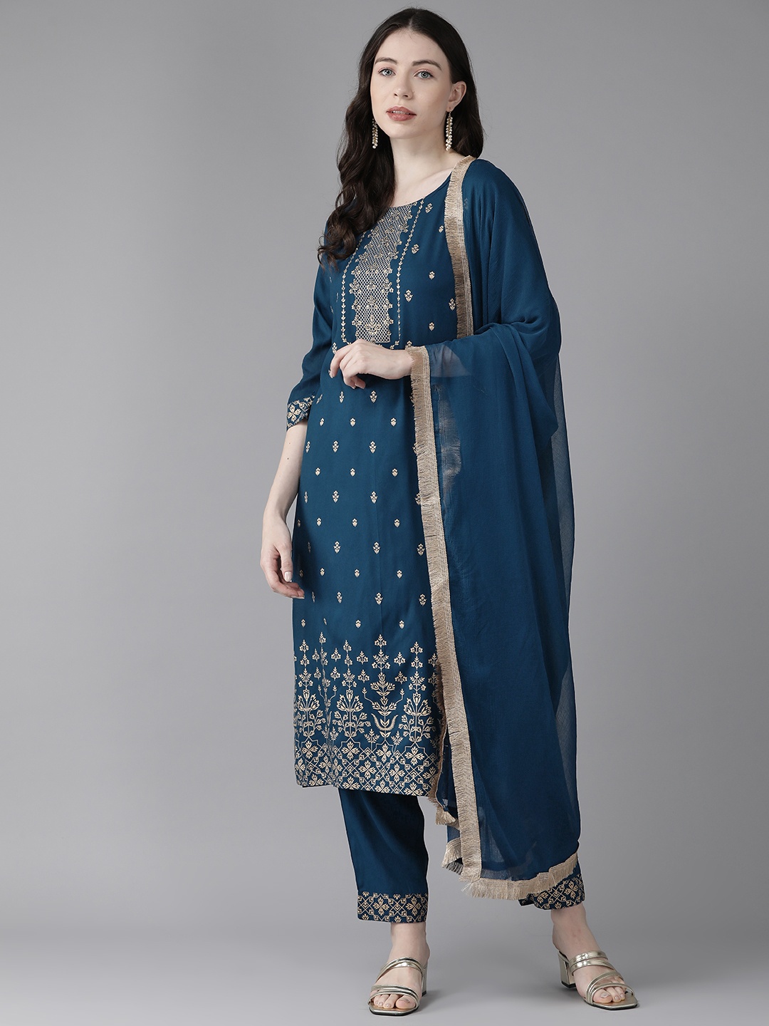 

Yufta Ethnic Motifs Embroidered Regular Sequinned Kurta With Trousers & Dupatta, Navy blue