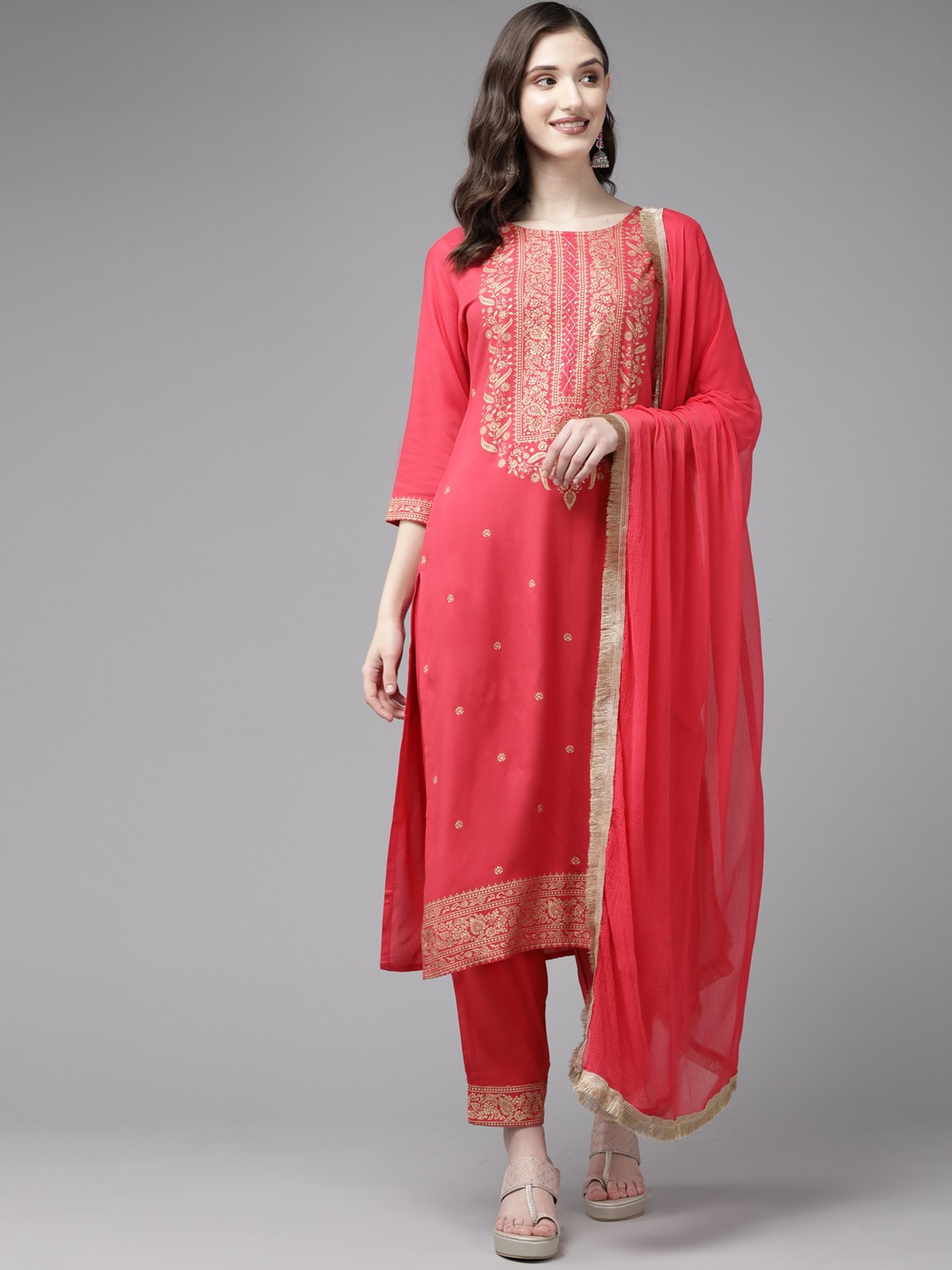 

Yufta Pink Ethnic Motifs Printed Kurta with Trousers & With Dupatta