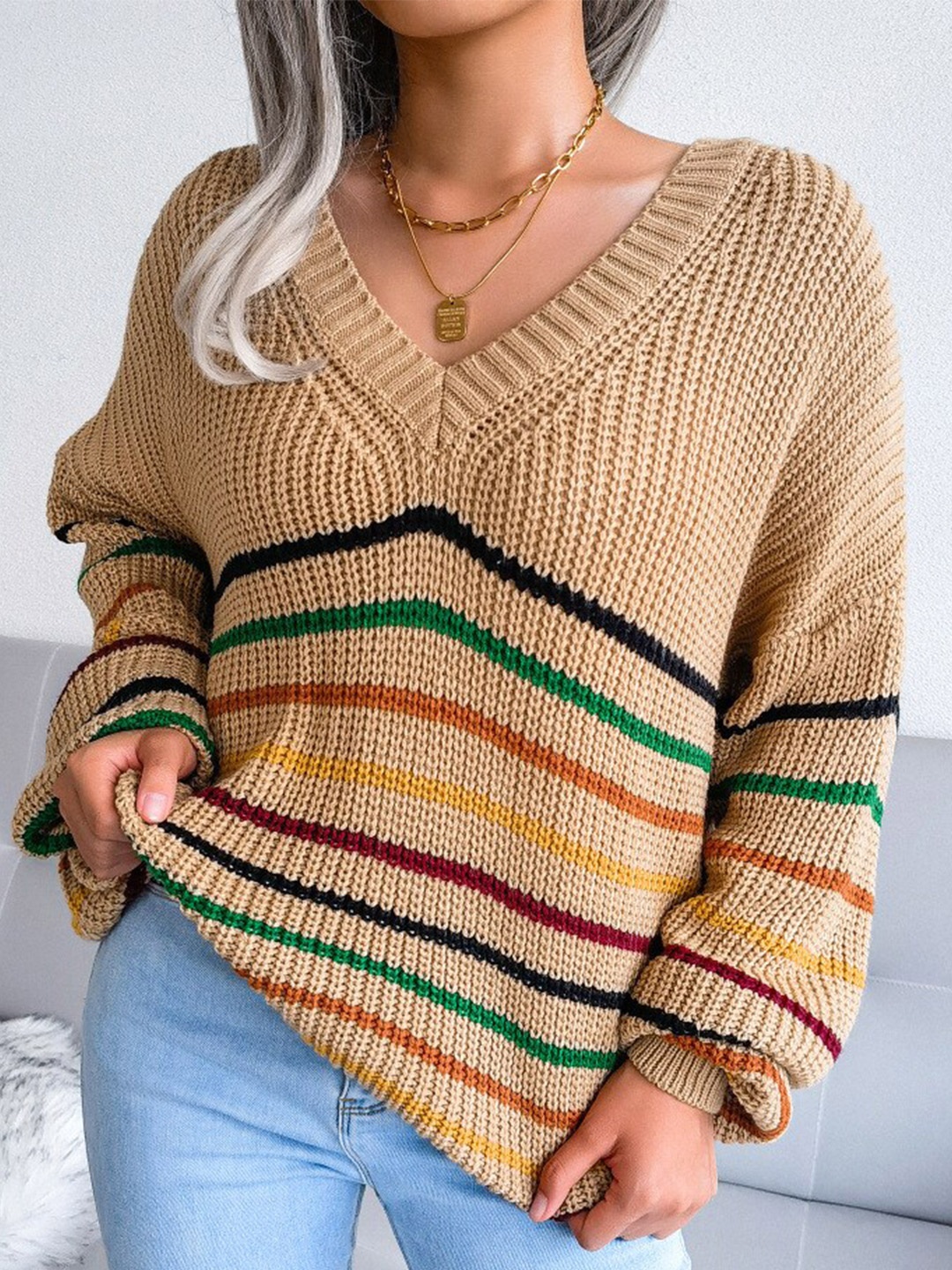 

BoStreet Women Khaki & Blue Striped Acrylic Pullover