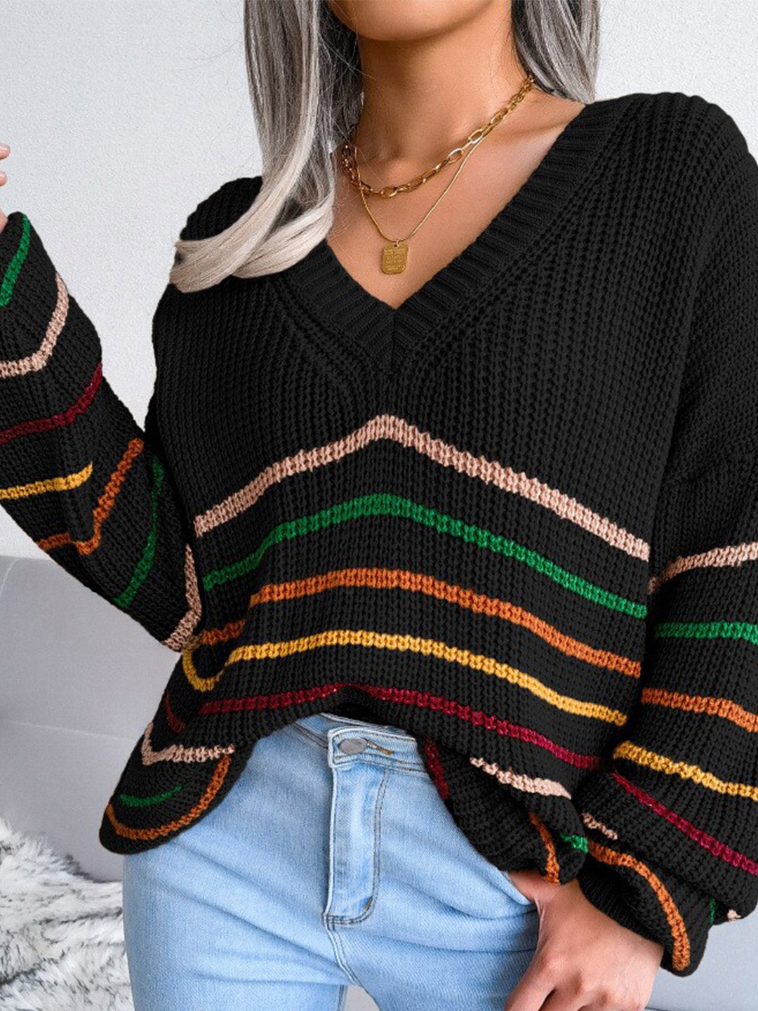 

BoStreet Women Black & Blue Striped Acrylic Pullover
