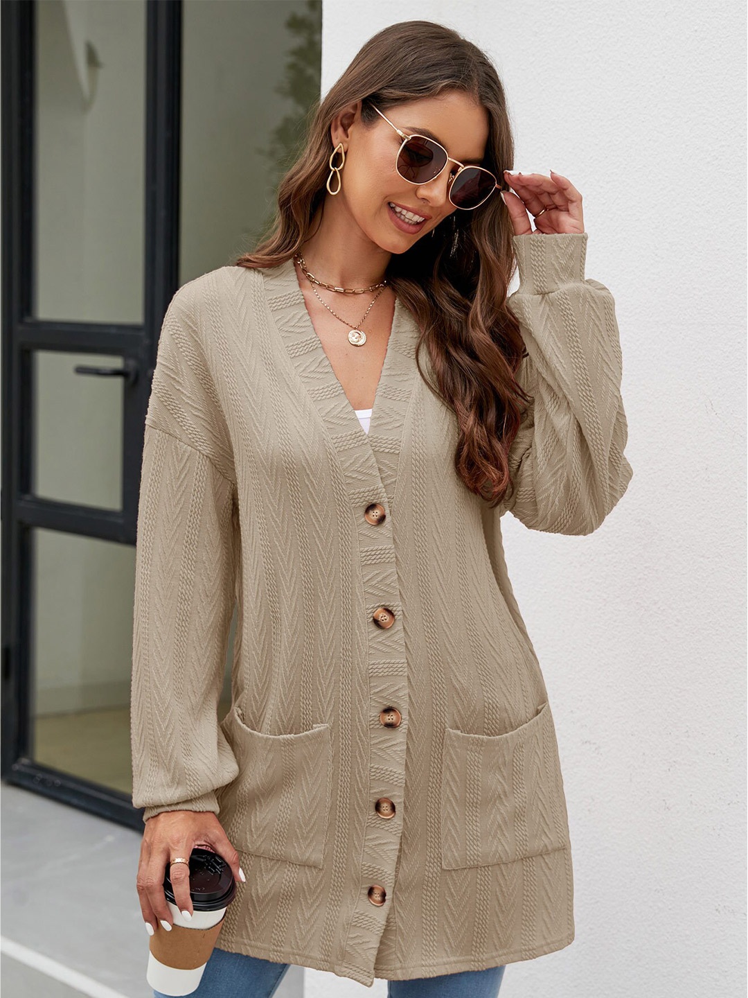 

BoStreet Women Khaki Ribbed Longline Cardigan