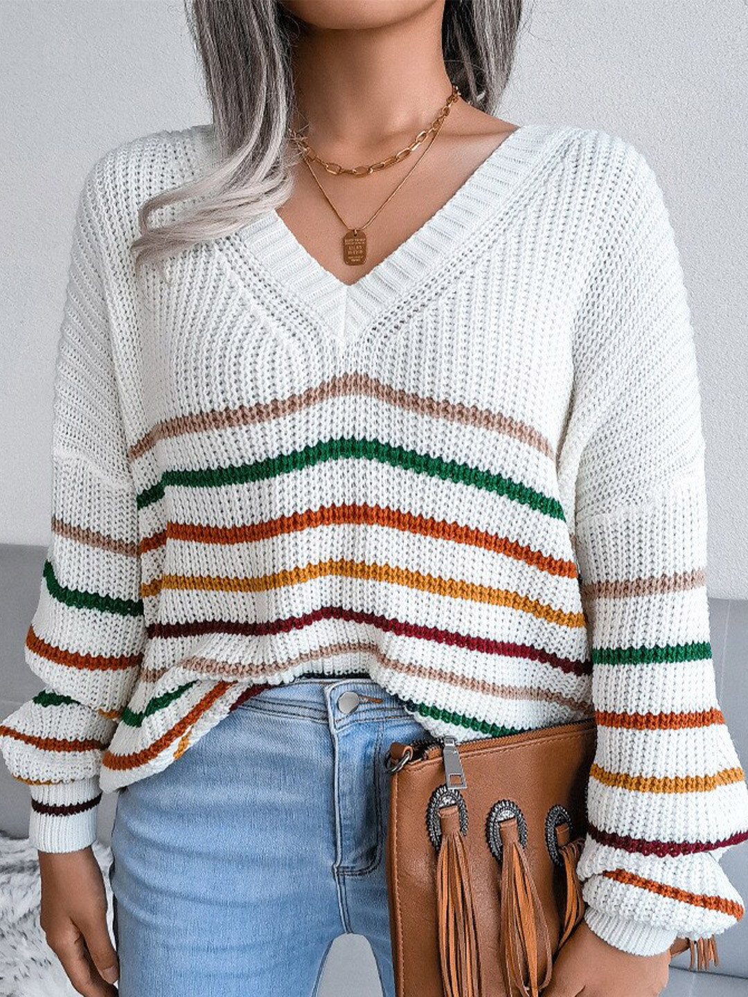

BoStreet Women White & Green Striped Acrylic Pullover