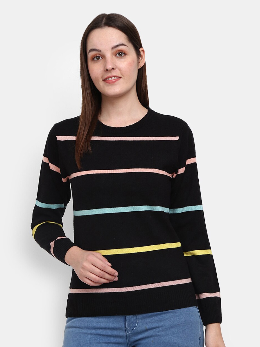 

V-Mart Women Black Striped Acrylic Sweatshirt