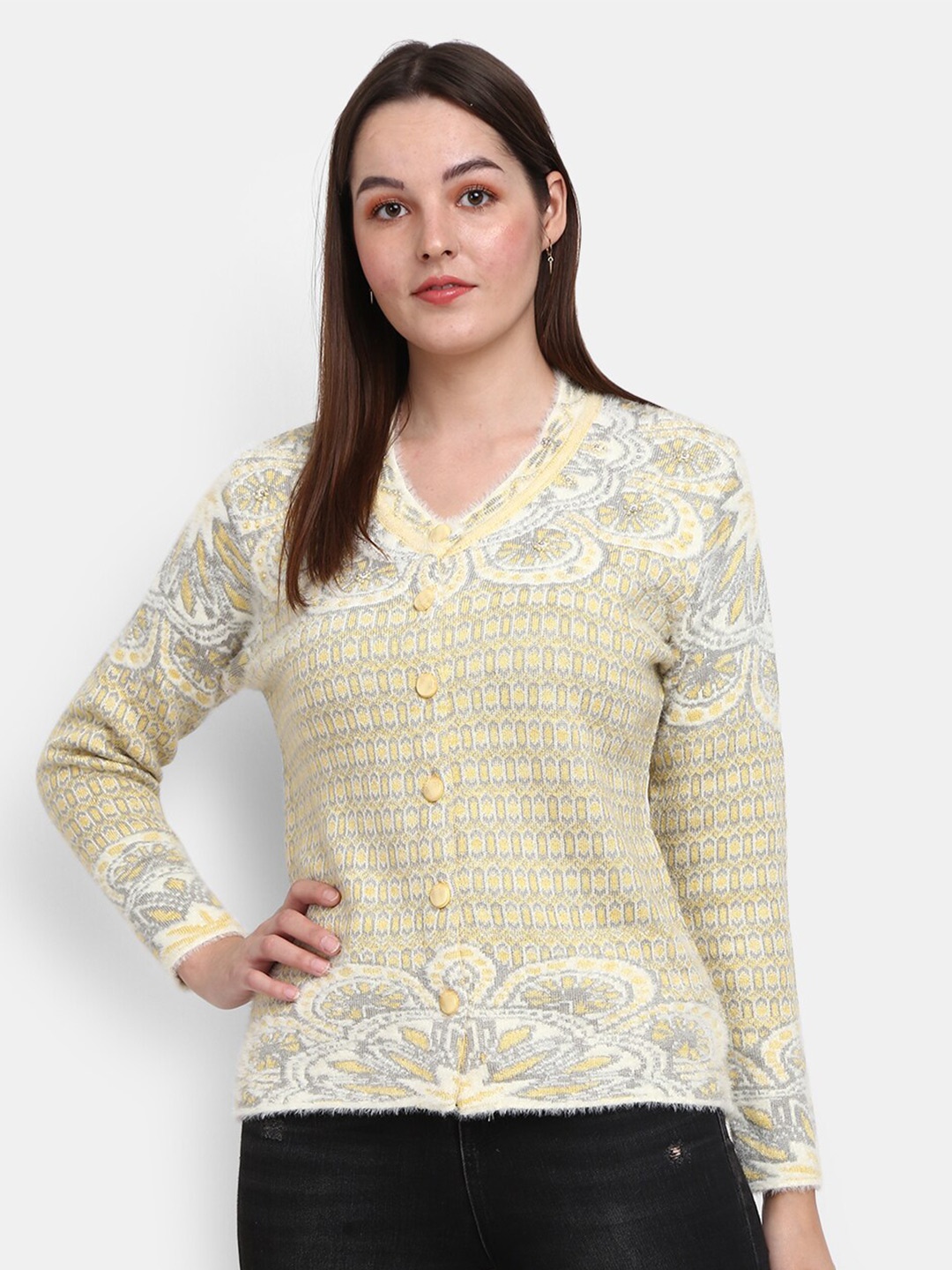 

V-Mart Women Yellow Floral Cotton Cardigan With Fuzzy Detail