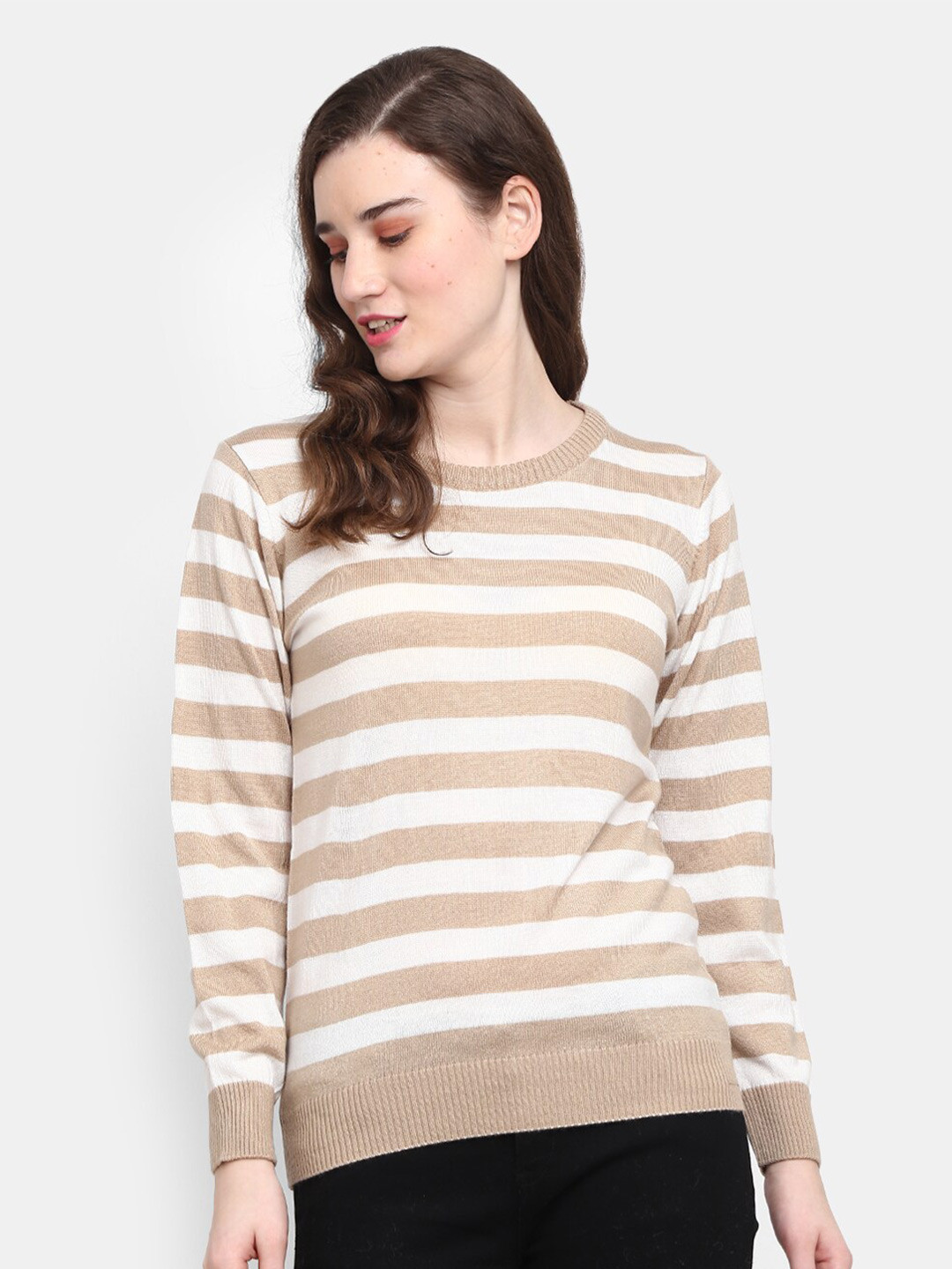 

V-Mart Women Brown Striped Acrylic Sweatshirt