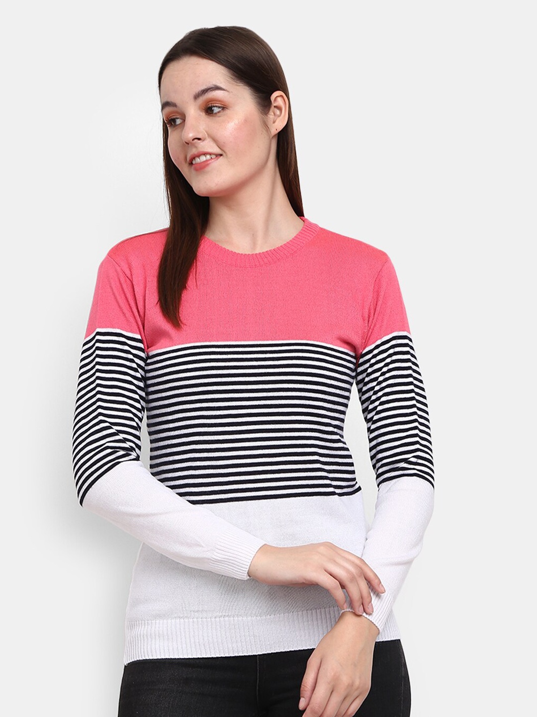 

V-Mart Women Pink Striped Acrylic Sweatshirt