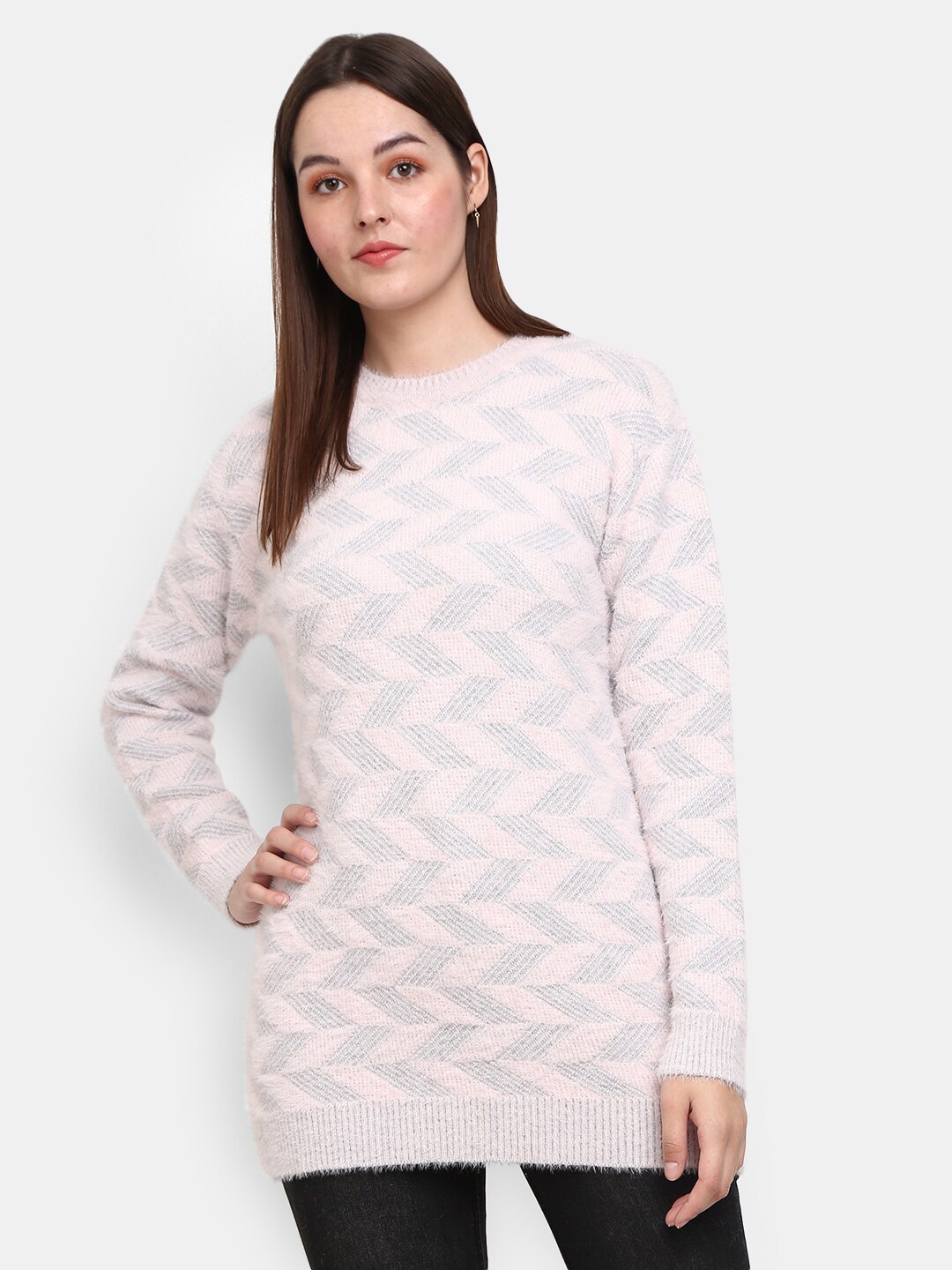 

V-Mart Women Grey & Pink Printed Longline Pullover With Fuzzy Detail
