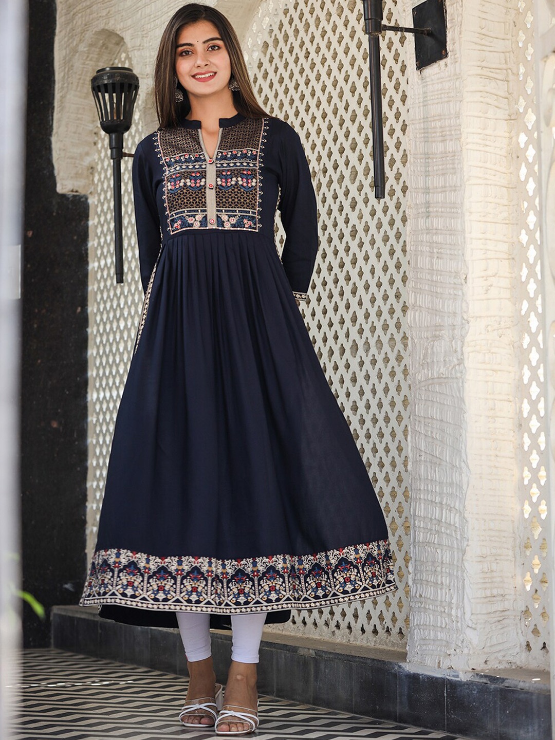 

KAAJH Women Navy Blue Printed A-Line Maxi Ethnic Dresses